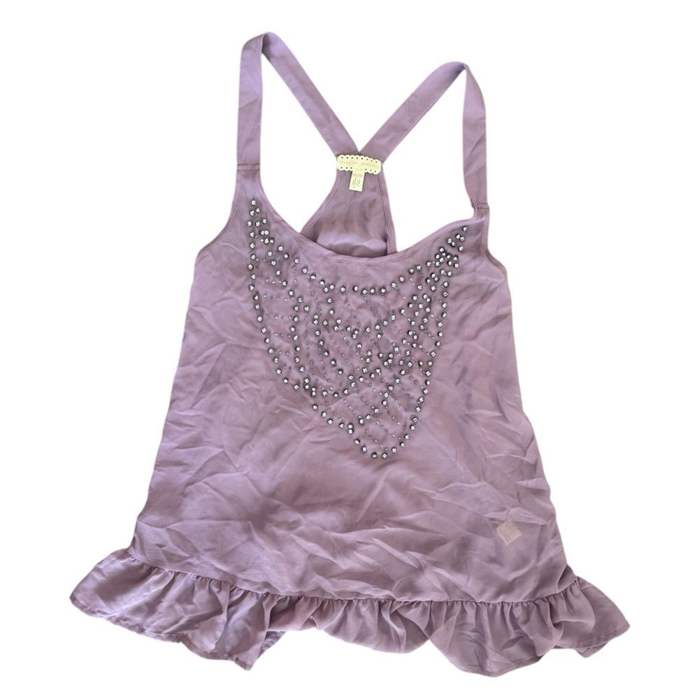 Pins and Needles rhinestone beaded Y2K sheer ruffle hem tank in mauve XS